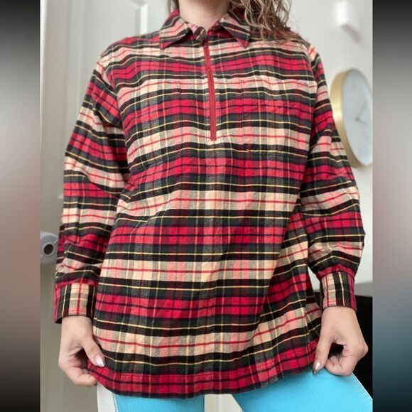 Vintage Eddie Bauer Plaid‎ Half Zip Flannel Sweater Top Sz Small Red Oversized - Picture 2 of 5